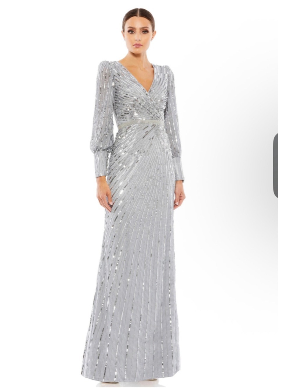 Women's Mac Duggal Long Sleeve Sequin Gown Silver Size 4